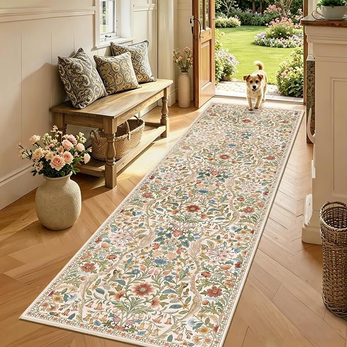 2’6″x 8’ Washable Runner Rug, Beige Boho Area Rug for Hallway, Low-Pile Non-Slip Stain Resistant Long Carpet for Kitchen, Bedside,Laundry Room,Entryway