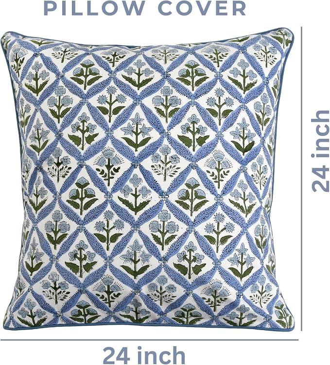 Ridhi Block Print Light Steel Blue Pillow Cover 24" x 24" (Pack of 2) Decorative Couch Pillows for Living Room, Farmhouse Chic Boho Cute Outdoor Pillows Covers Gifts for Spring, Mother's Day