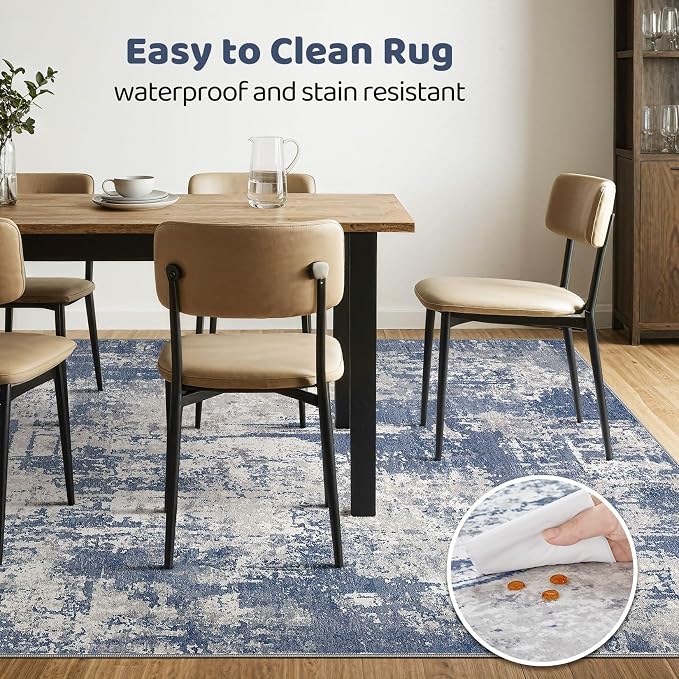 Area Rug Living Room Rugs: 5x7 Washable Large Abstract Modern Soft Stain Resistant Indoor Floor Non Slip Accent Carpet for Bedroom Nursery Playroom Dining Room Office Dorm Home House- Navy Grey