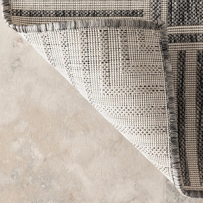 Nuloom Asha Grey/Ivory, 9'6" x 12', Casual, Striped Border, Soft and Cozy, High Traffic, Easy Clean, Durable Area Rug for Indoor/Outdoor Patio, Deck, Porch, Garden, Courtyard
