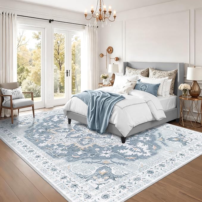 Area Rugs 9x12 Living Room, Soft Non-Slip Vintage Medallion Rug, Low-Pile Printed Washable Area Rugs Blue Gray Rug for Living Room, Bedroom, Dining Room -Blue/Gray