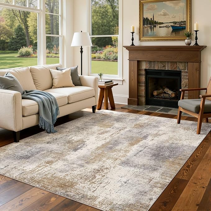 DMOYEST Area Rug Living Room Rugs - 5x8 Washable Large Soft Indoor Neutral Modern Abstract Low Pile Rug Carpet for Bedroom Dining Room Farmhouse Home Office - Brown Grey