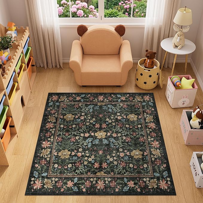 DUKINO 4x4 Square Rug, Washable Vintage Floral Living Room Area Rug, Black | Non Slip, Low Pile, Stain Resistant, Lightweight Soft Carpet for Entryway Bedroom Kitchen Home Office Kids Playroom Farmhouse