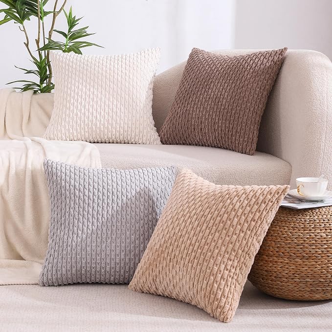 VAKADO Couch Throw Pillow Covers 18x18 Set of 4 Decorative Neutral Corduroy Boho Rustic Farmhouse Cushion Case Square for Home Decor Sofa Living Room Bed