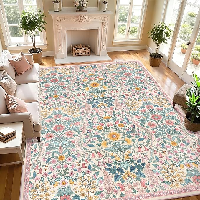 8x10 Washable Area Rug for Living Room, Large Vintage Light Pink Floral Rugs, Soft Non-Slip Stain Resistant Boho Lightweight Carpet for Girls Bedroom Dining Room Nursery Home Office
