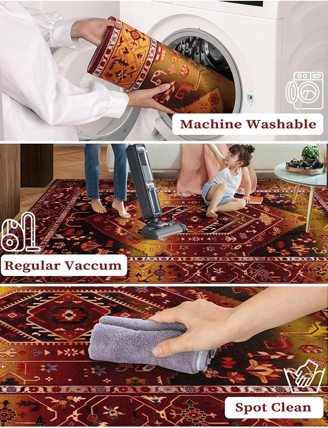SERISSA Runner Rug for Hallways, 2'6"x10' Washable Non Slip Kitchen Runner Rug, Long Boho Rug Vintage Rustic Red Gold Hallway Stair Ultra Soft Print Floor Carpet for Bedroom Bathroom Laundry Room