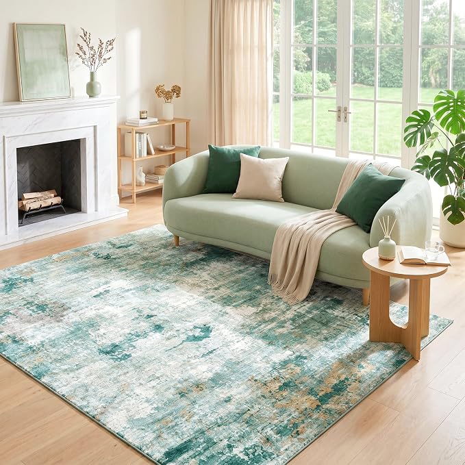 Washable Pet Friendly Area Rug, Water Resistant Abstract Carpet, 0.3" Low Pile, Foldable Non-Slip Silicone Backing, Living Room Nursery Bedroom, 5'x7', Sage Green