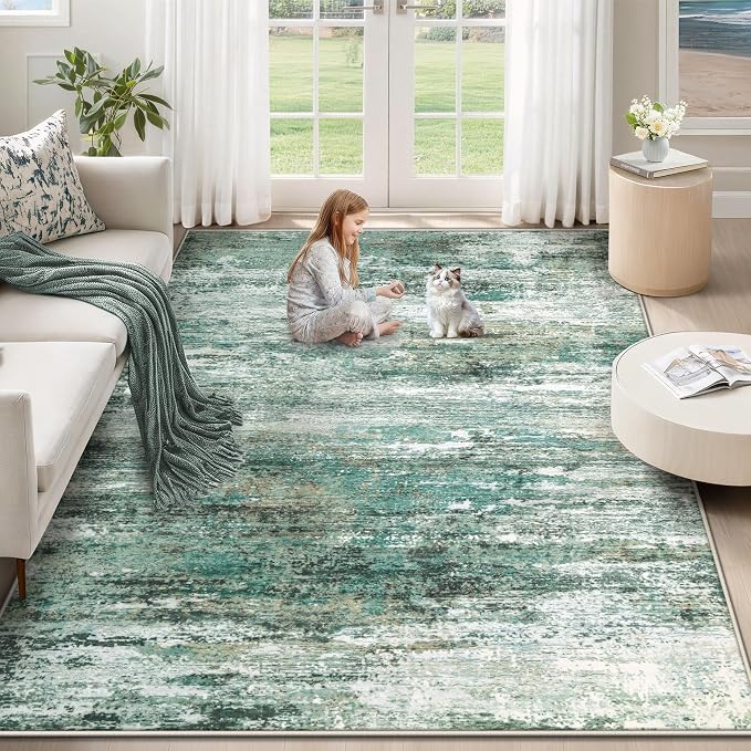 XLUEZ 5x7 Area Rugs for Living Room, Washable Modern Abstract Large Area Rug Neutral Soft Non Slip Kids Rug Stain Resistant Indoor Carpet for Bedroom Nursery Dining Room Playroom(Green, 5'x7')