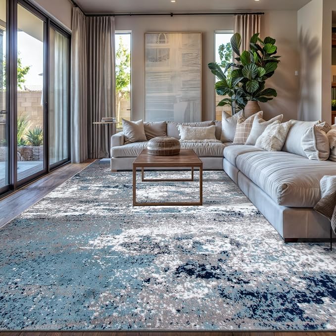 Rugshop Watercolor Distressed Modern Bohemian Area Rug Blue 7'10" x 10'