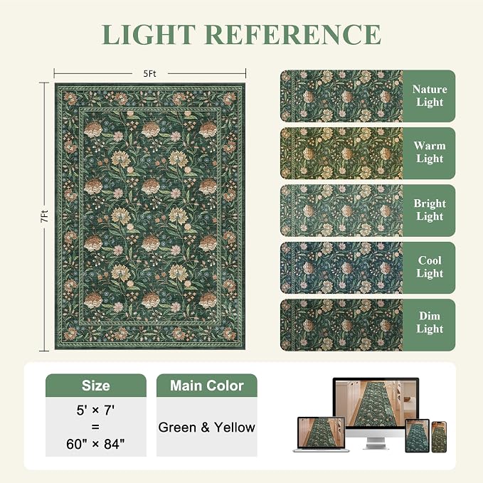 DUKINO 5x7 Area Rugs, Vintage Floral Washable Rug for Living Room, Green | Non Slip, Low Pile, Non-Shedding, Stain Resistant Lightweight Boho Soft Carpet for Bedroom Home Office Dining Room Farmhouse
