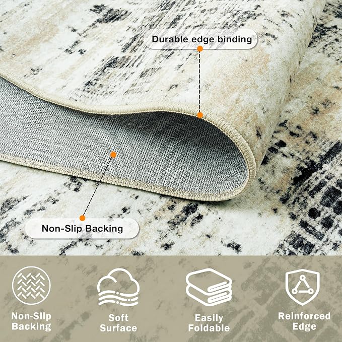 10x14 Area Rugs for Living Room Washable Rug: Anti-Skid Abstract Modern Living Room Rug Soft Thin Carpets Indoor Floor Non-Shedding Carpet for Bedroom Dining Farmhouse Nursery Black Gray Gold