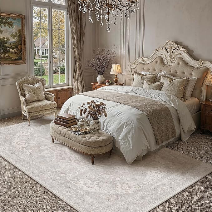 PureCozy 5x7 Area Rug Washable Grey Vintage Oriental Medallion | Non Slip, Soft Low Pile, Indoor Carpet for Bedroom, Living Room, Dining Room, Retro Decor