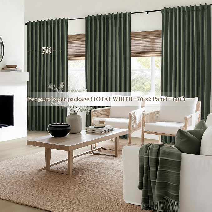Dark Olive Green Curtains 70 Inch Length Extra Wide Pleated Black Out 108 Inch Long for Living Room, Linen Thick Sliding Glass Door Heavy Duty Insulated Large Window Drapes (70"Wx108"Lx 2Panels Loden)