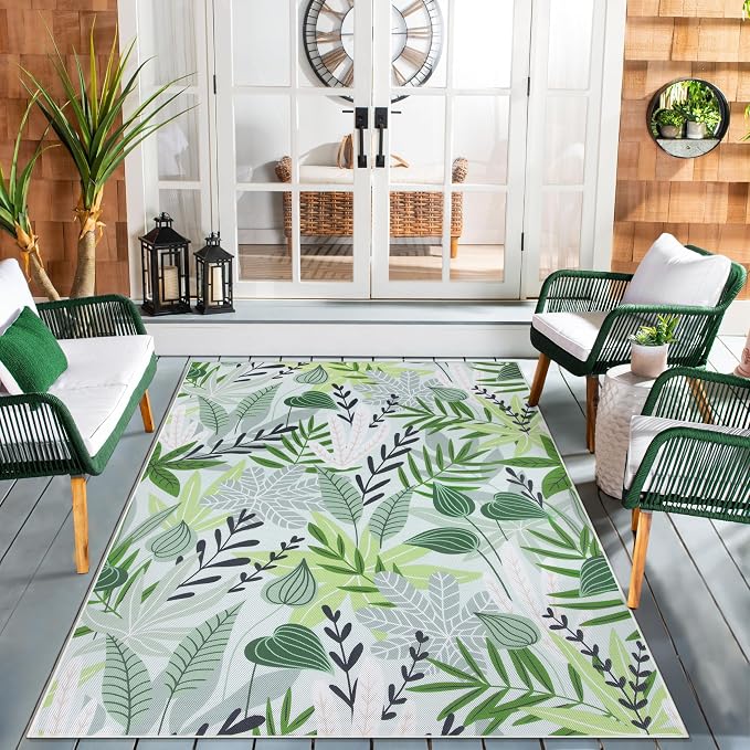 Lahome Leaf Indoor Outdoor Rug, 5x8ft Non Slip Outdoor Patio Rug for Balcony Deck, Portable Outdoor Carpet for Camping Picnic Backyard, Breathable RV Mat Outdoor Rugs for Living Room Bedroom,Green