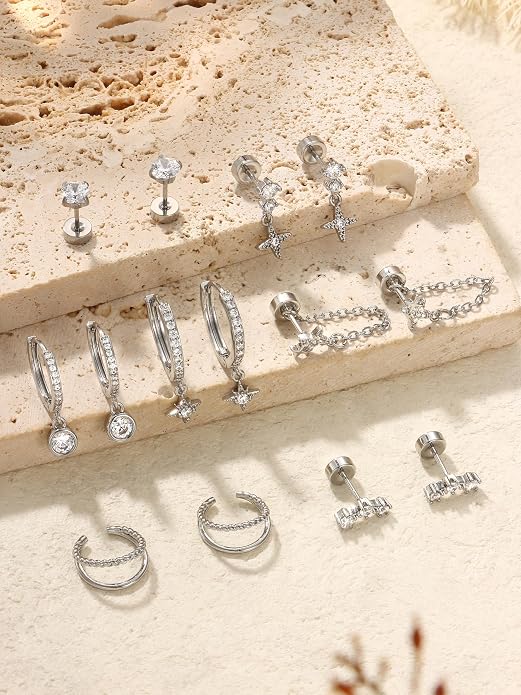 Dochais Flat Back Cartilage Earrings for Women Trendy Dainty CZ Flatback Studs Earing Sets 14k Gold Plated Hypoallergenic Huggie Hoops Earring Stacks for Multiple Piercing