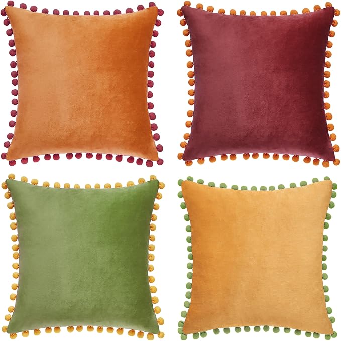 MONDAY MOOSE Decorative Throw Pillow Covers Cushion Cases, Set of 4 Soft Velvet Pom Poms Double-Sided Designs, Mix and Match for Home Decor, Pillow Inserts Not Included (18x18 inch, Yellow/Green)