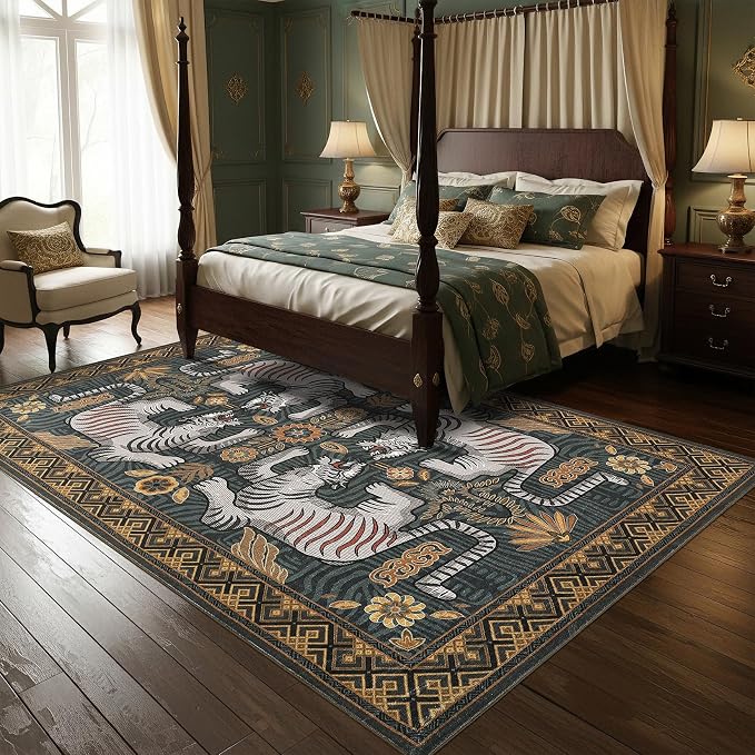 GarveeHome Tiger Print 6x9 Area Rugs, Boho Blue Washable Rugs for Living Room, Vintage Tribal Soft Animal Throw Rug Non Slip Ultra Thin Stain Resistant Floor Carpet for Bedroom Dining Room