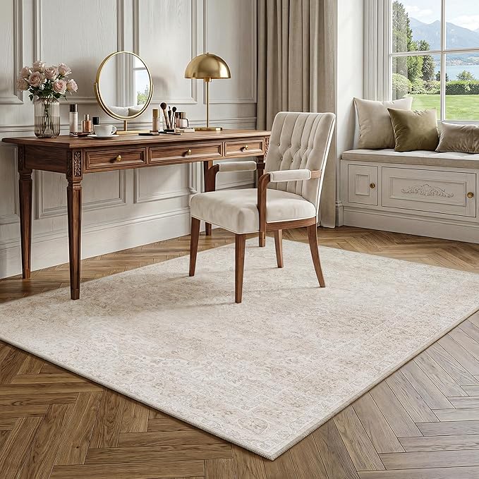 FMFUNCTEX 3x4 Washable Area Rug Beige Vintage Neutral Distressed Non Slip Low Pile Floral Retro Indoor Carpet for Entryway Entrance Thin Soft Rug Living Room Bedroom Kitchen Office Desk Laundry
