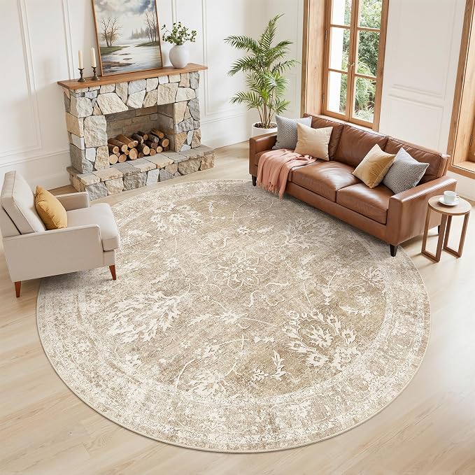 Madane Washable Round Rug 8ft for Living Room, Soft Ultra-Thin Non-Slip Vintage Floral Circle Area Rug, 8x8 Round Throw Carpet for Dining Room Nursery Bedroom Kitchen (Beige/Brown, 8'Round)