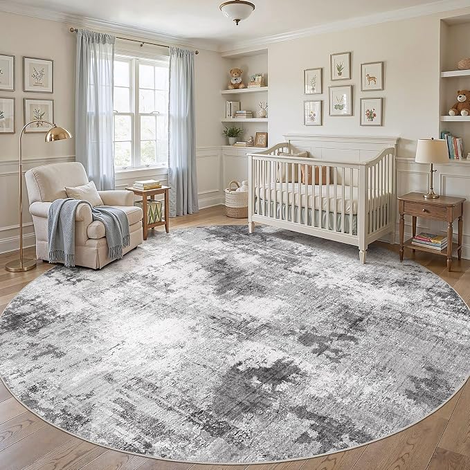 Abstract 12FT Round Rug: Machine Washable Non Slip Ultra Thin Low-Pile Carpet, Soft Stain Resistant for Living Dining Room Bedroom, Kid Pet Friendly, Robot Vacuum Compatible - Grey