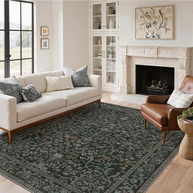 Clearance Vintage Floral Rugs 5x7, Washable Area Rug with Non Slip Backing, Low Pile for Living Room, Nursery,Bedroom & Home Decor, Lightweight Carpet, Dark Green