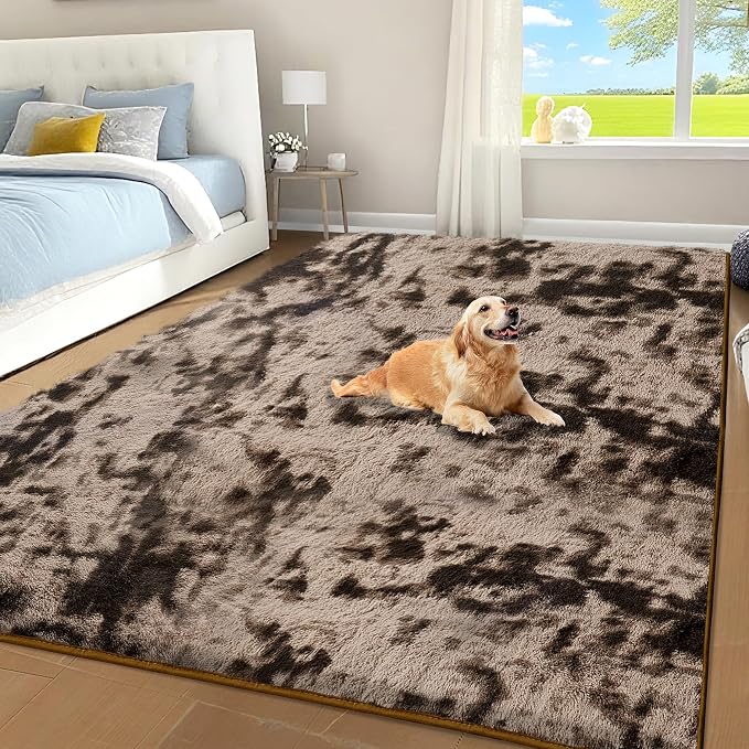 Tie-Dyed Brown Fluffy Shag Area Rug for Bedroom Living Room, 4x6 | Ultra Soft Comfy, Fuzzy Shaggy Plush Carpet for Kids Boys Girls Teen Dorm, Modern Indoor Home Decor, Upgrade Non-Slip
