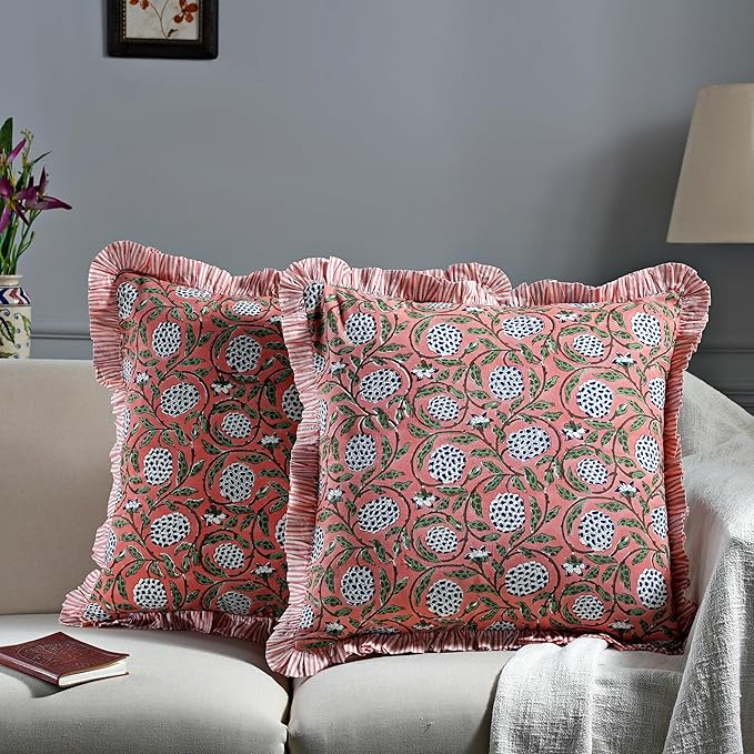 Ridhi Block Print Dark Salmon Pink Throw Pillow Cover 16" x 16" (Pack of 2) Decorative Cushion Covers with Ruffle for Couch, Sofa, Bed, Living Room, Home Decor Gift for Spring, Easter, Valentine