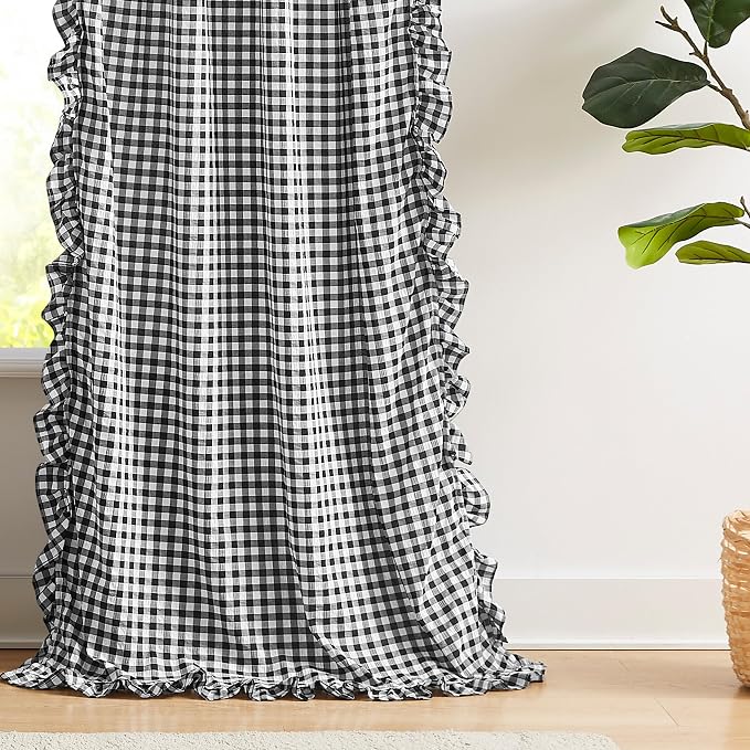 ZJDECOR 95 Inches Black White Buffalo Plaid Farmhouse Ruffle Curtains | Woven Crinkled Not-See-Through Sheer Drapes,Shabby Chic Window Treatment for Bedroom Living Room,Rod Pocket,40"Wx95"Lx2