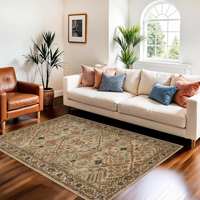 Joydeco 3x5 Area Rugs for Living Room Vintage, Tan | Non Slip Machine Washable Low Pile for Bedroom Dining Room Home Office Pet & Child Friendly