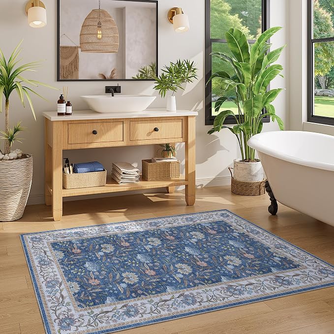 DUKINO 3x5 Rug, Washable Vintage Floral Bedroom Area Rug Non Slip, Sky Blue | Low Pile, Non-Shedding, Stain Resistant Boho Lightweight Soft Indoor Carpet for Bathroom Office Dining Living Room Farmhouse