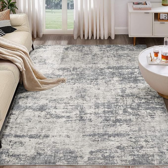 Abstract 8x10 Area Rug: Machine Washable Non Slip Ultra Thin Low-Pile Carpet, Soft Stain Resistant for Living Dining Room Bedroom, Kid Pet Friendly, Robot Vacuum Compatible - Beige Dark Grey