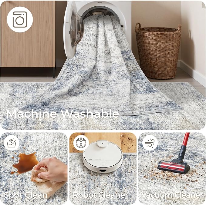 2x4 Rug Runners for Hallways Non Slip,Blue | Washable Rugs for Kitchen,Entryway,Bedroom,Bathroom,Nursery Room,Thin,Soft Runner Rug,Stain Resistant Indoor Carpet