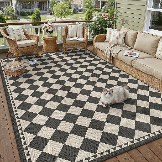 HUGEAR 6x9 Outdoor Rug Black/Beige Linen-Look Fabric Checkered Area Rug High Traffic Stain Resistant Easy Clean Durable Rugs for Indoor/Outdoor Patio Deck Balcony Porch Garden Courtyard