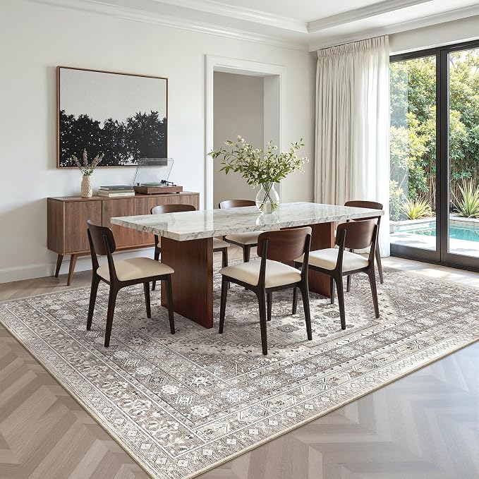 zesthome 5x8 Area Rugs - Ultra-Thin Washble Rug, Stain Resistant Anti Slip Backing Rugs for Living Room,Bedroom, Vintage Home Decor Area Rug (Brown/Beige,5'x8')