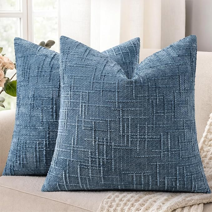 decorUhome Textured Chenille Throw Pillow Covers 24x24 Set of 2 Blue | Fall Modern Farmhouse Soft Cozy Slubby Couch Pillow Cases Boho Decorative Pillow Cases for Bed Sofa Living Room Home Decor