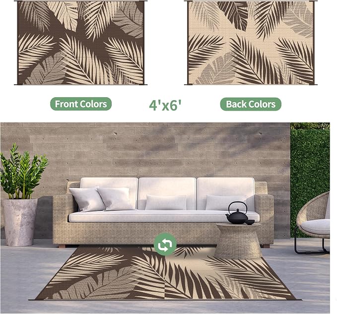 GENIMO Outdoor Rug, Waterproof Plastic Rugs for Patio, 4'x6' Coffee Beige | Outside Larger Leaf Carpet Mat for Porch Decor, Deck, Balcony, Camping, RV, Backyard, Picnic, Beach, Reversible, Foldable