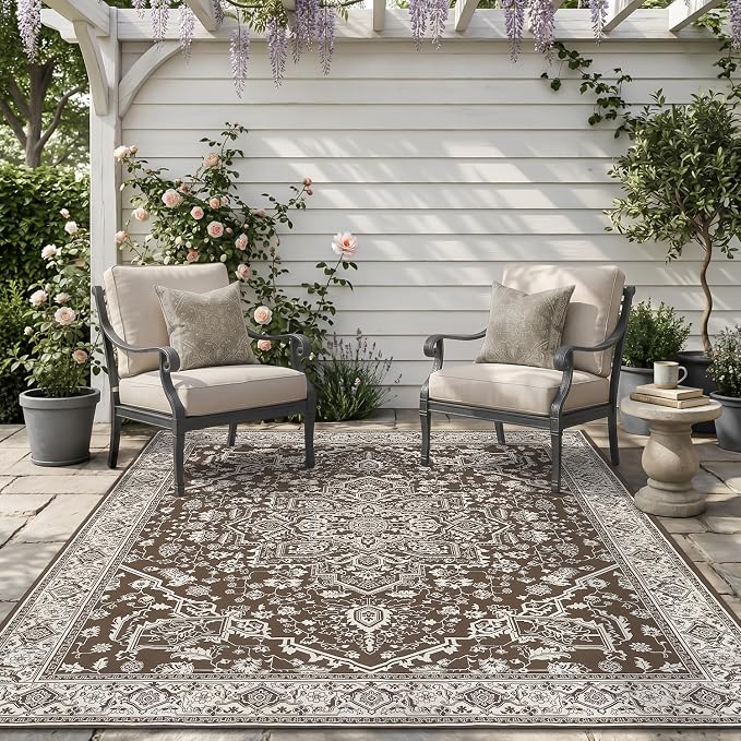 AMOAMI-Outdoor Rug-Patio Rug 5x8 ft Quick Dry Flatweave Textured Machine Washable Outdoor Carpet with Rubber Particles Backing Vintage Outdoor Area Rug for Patio Deck Front Porch Balcony Brown