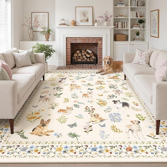 Soalmost Dog 9x12 Area Rugs for Living Room, Washable Animal Soft Rug Beige | Floral Vintage Non-Slip Low Pile Cute Throw Large Rugs for Classroom Bedroom Dining Room Nursery Playroom 9' x 12'