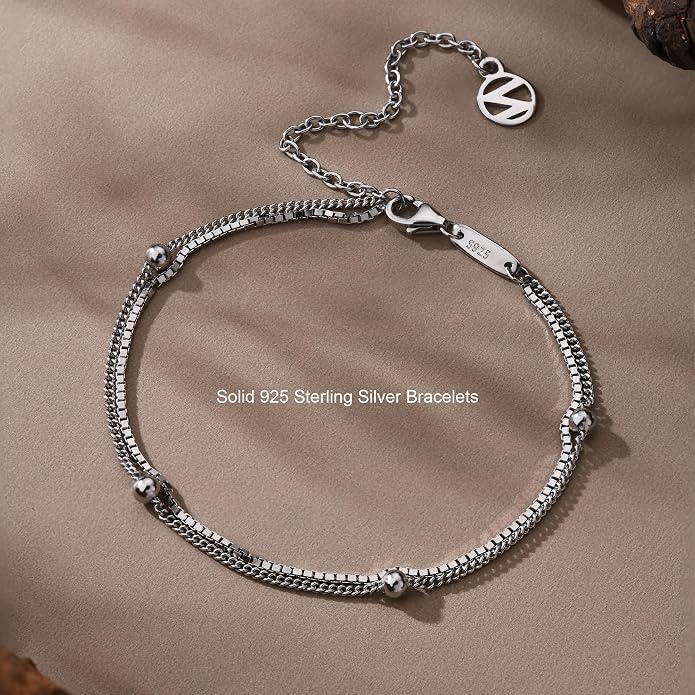 NOKMIT Solid 925 Sterling Silver Bracelets for Women, Dainty Interlocking Circles Cubic Zirconia Adjustable Chain Bracelet, Trendy Stackable Link Bracelets, Simple Cute Jewelry Gifts
