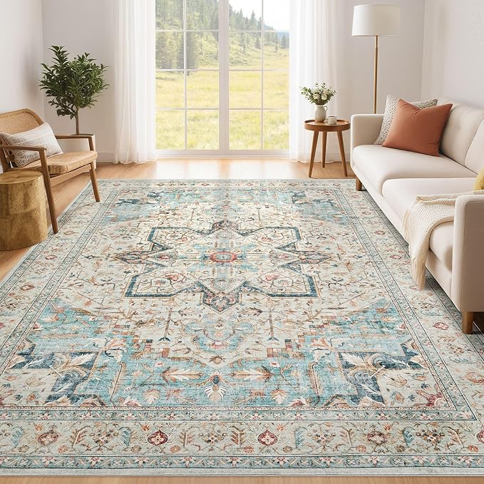 Tortania Area Rug Living Room Rugs - 6x9 Washable Boho Rug Vintage Oriental Distressed Farmhouse Large Thin Indoor Carpet for Living Room Bedroom Under Dining Table Home Office - Aqua Multi
