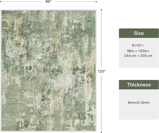 GENIMO 8x10 Area Rugs for Living Room, Machine Washable Rug Non Slip, Low Pile Ultra-Thin Lightweight Large Carpet, Abstract Modern Rugs for Bedroom, Dining Room, Office, Nursery, Olive Green