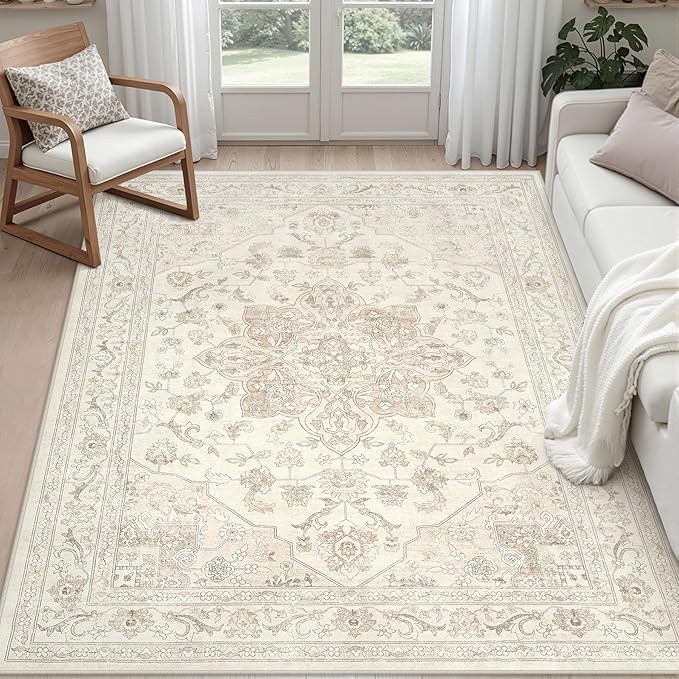 4x6 Area Rugs for Living Room: Vintage Boho Neutral Washable Rug Indoor Soft Large Area Rug Carpet for Bedroom Nursery Farmhouse Dining Room Office Floor Non-Slip Low Pile Under Table Rug Beige White