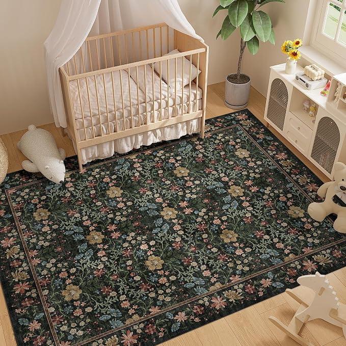 DUKINO 8x10 Area Rugs, Vintage Floral Washable Rug for Living Room, Black | Non Slip, Low Pile, Non-Shedding, Stain Resistant, Aesthetic Soft Indoor Large Carpet for Bedroom, Dining Room, Farmhouse