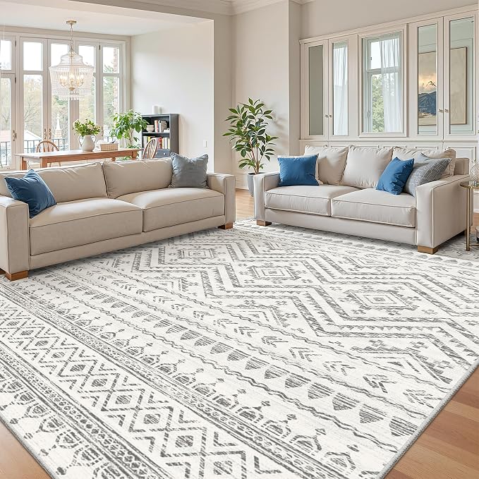 Miukiki 9x12 Area Rug for Living Room Moroccan Washable Rugs Non Slip Indoor Floor Carpet Foldable Large Soft Area Rug for Dining Room Bedroom with Low Pile(Grey,9'x12')