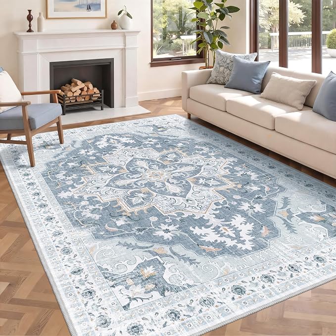 6x9 Area Rugs for Living Room, Soft Non-Slip Vintage Medallion Rug, Low-Pile Printed Washable Blue Gray Rug for Living Room, Bedroom, Dining Room, Nursery -Blue/Gray | TTelephant Soft Low-Pile Printed Washable Blue Gray Rug for Living Room, Bedroom, Di...