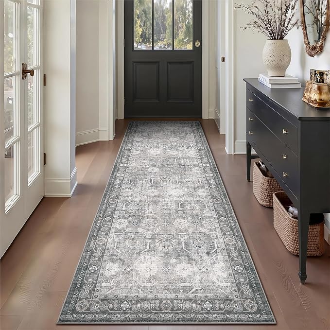 Runner Rug, Washable Non Slip Low Pile Kitchen Runner, Soft Boho Modern Rug for Hallways, Bedroom, 2'6"x 8, Distressed Grey