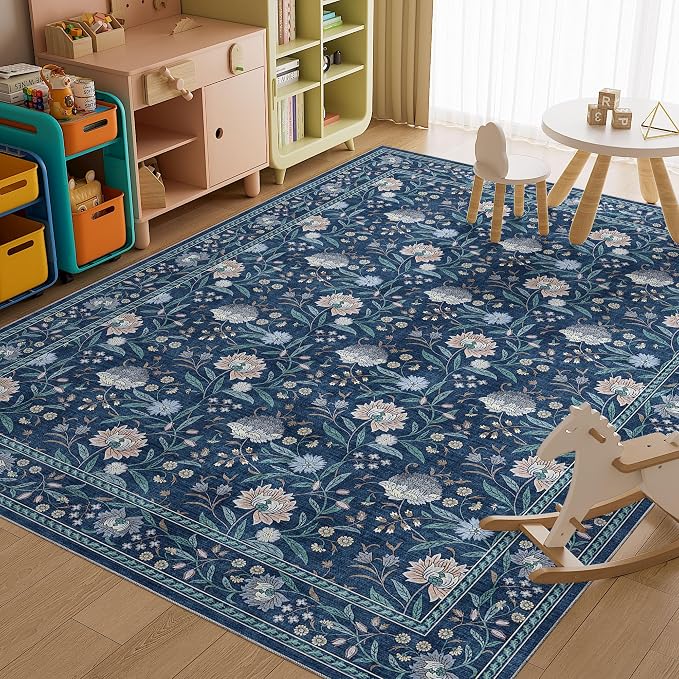 DUKINO 9x12 Area Rug for Living Room Vintage Floral Washable Rug, Dark Blue | Non Slip, Low Pile, Non-Shedding, Stain Resistant, Aesthetic Soft Indoor Large Carpet for Bedroom Dining Room Farmhouse