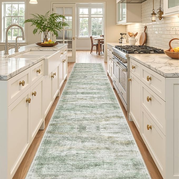 2x12 Runner Rug Non Slip,Washable Hallway Runner Rug,Green | Long Neutral Rugs for Kitchen,Entryway,Bedroom,Bathroom,Laundry Room,Thin,Soft Runner Rug,Stain Resistant Indoor Carpet