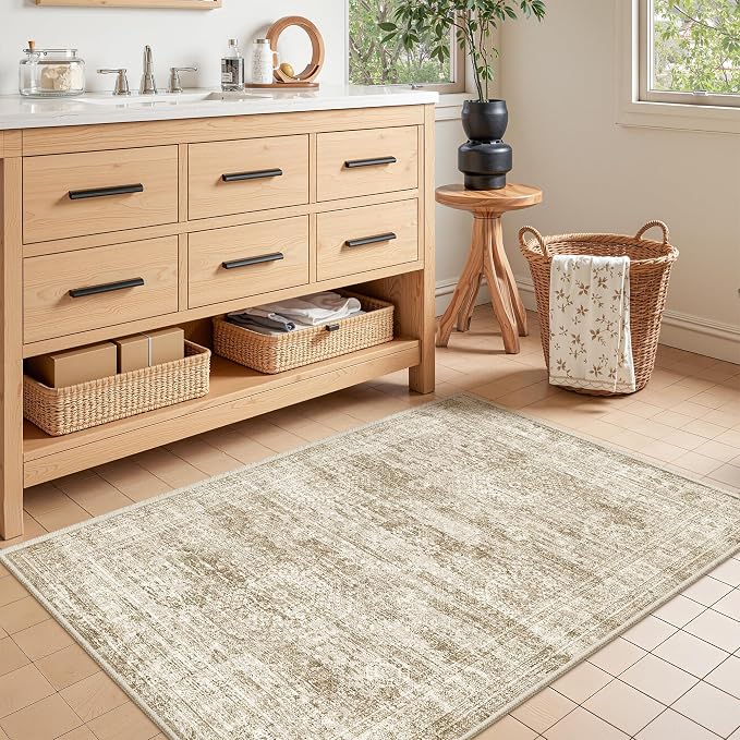 3x4 Rugs for Entryway,Washable Area Rug,Brown | Small Rug for Kitchen,Hallway,Bedroom,Bathroom,Thin,Soft, Neutral Rug,Stain Resistant Indoor Carpet,Non Slip