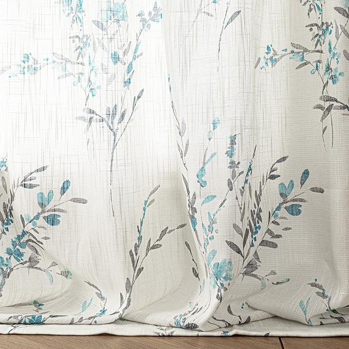 MYSKY HOME Sheer Curtains 63 Inch Length 2 Panels for Bedroom Floral Natural Linen Blended Curtains Light Filtering Privacy Protect Farmhouse Pattern Drapes Window Treatment for Living Room, Teal